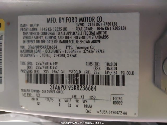 Ford FUSION SE 2019 3FA6P0T95KR236684 Image 9
