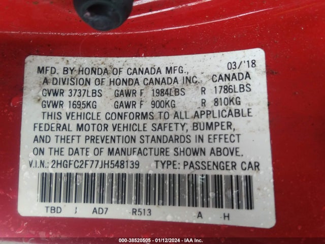 Honda CIVIC EX 2018 2HGFC2F77JH548139 Image 9