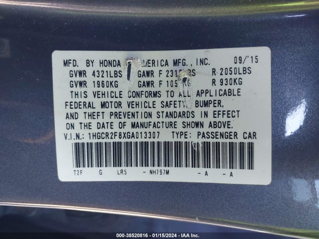 Honda Accord Ex-l 2016 1HGCR2F8XGA013307 Image 9