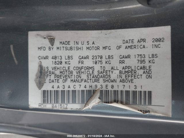 2003 MITSUBISHI ECLIPSE 4A3AC74H93E017131 Photo 8