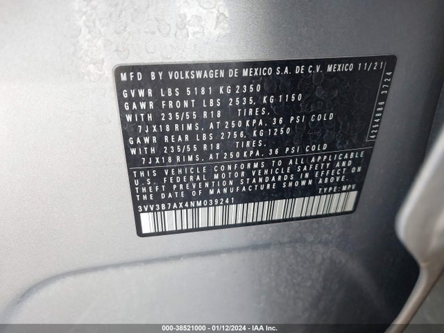 3VV3B7AX4NM039241 Volkswagen Tiguan 2.0t Se