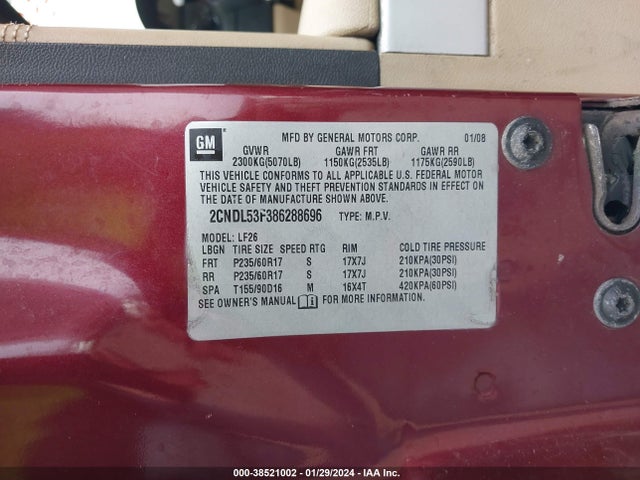 2008 CHEVROLET EQUINOX LT VIN: 2CNDL53F386288696