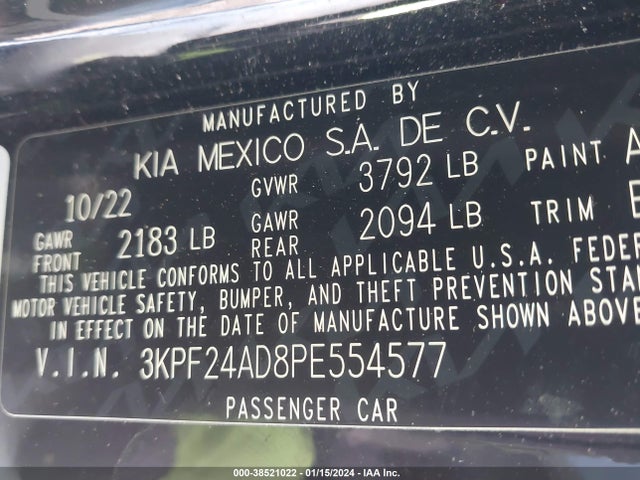 2023 KIA FORTE LXS VIN: 3KPF24AD8PE554577