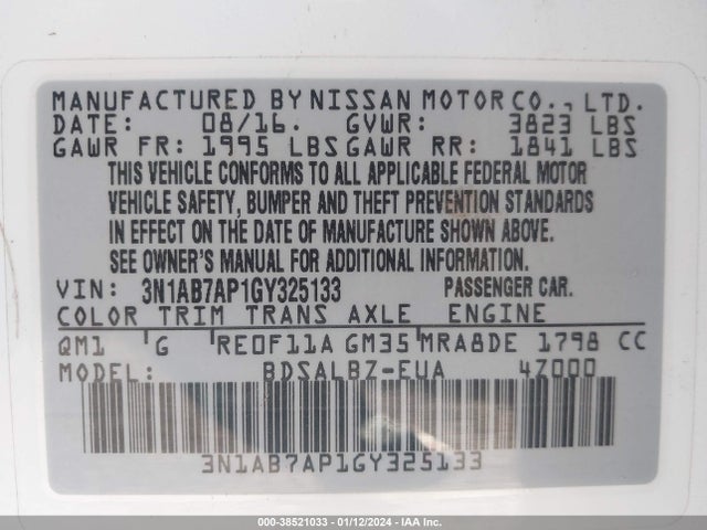 Nissan SENTRA S 2016 3N1AB7AP1GY325133 Image 9