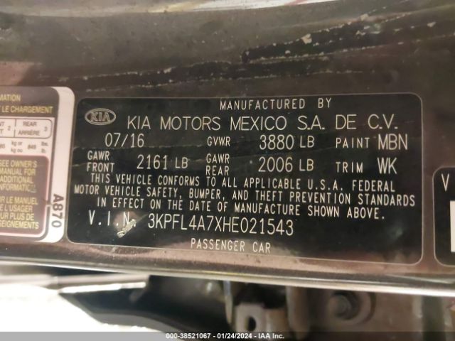 3KPFL4A7XHE021543 KIA FORTE LX