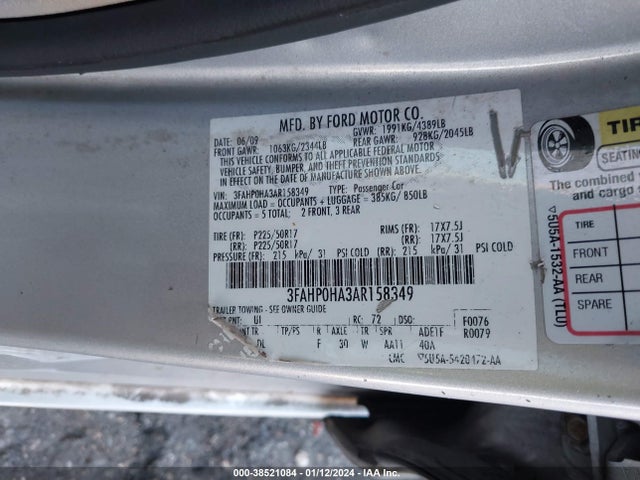 2010 FORD FUSION SE VIN: 3FAHP0HA3AR158349