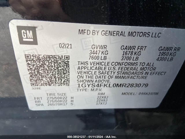 1GYS4FKL0MR283079 Cadillac Escalade 4wd Sport