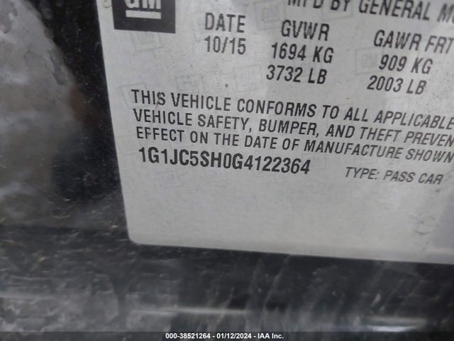 Chevrolet Sonic Lt Auto 2016 1G1JC5SH0G4122364 Image 9