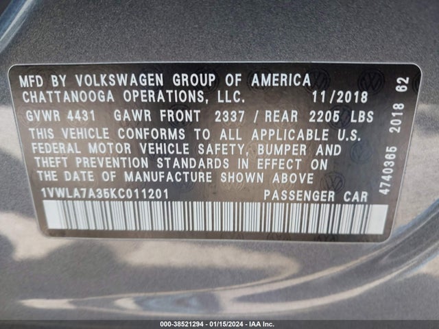 1VWLA7A35KC011201 Volkswagen Passat 2.0t Wolfsburg Edition