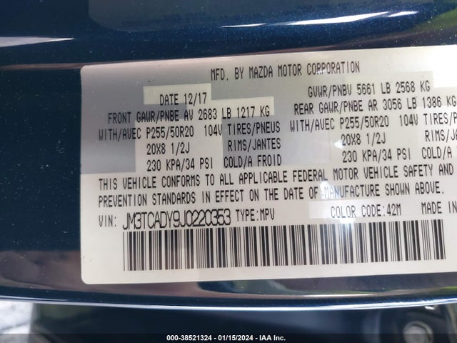 Mazda Cx-9 Grand Touring 2018 JM3TCADY9J0220353 Image 9
