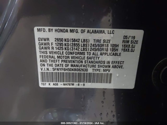 Honda Pilot Ex-l 2019 5FNYF6H50KB082630 Image 9