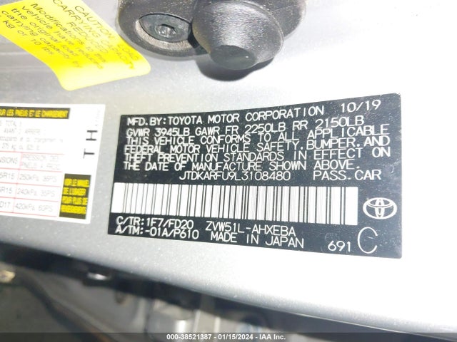 Toyota Prius Le 2020 JTDKARFU9L3108480 Image 9