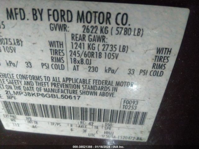 2LMPJ8KP6GBL50617 Lincoln Mkx Select