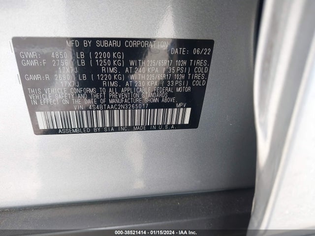 Subaru Outback 2022 4S4BTAAC2N3265017 Image 9