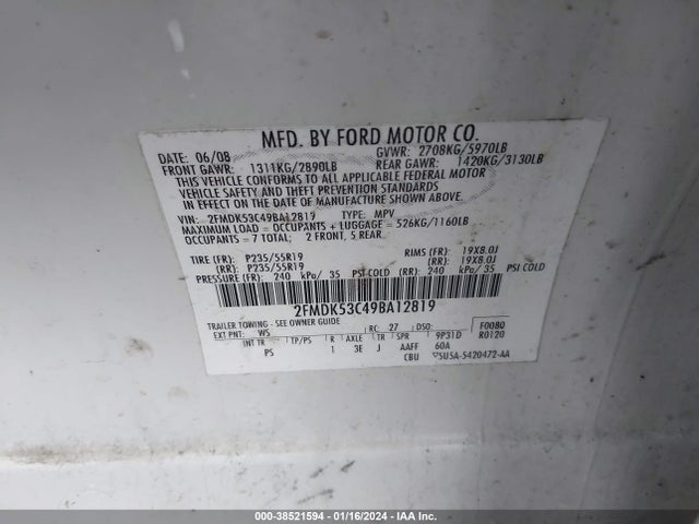 2009 FORD FLEX LIMITED VIN: 2FMDK53C49BA12819