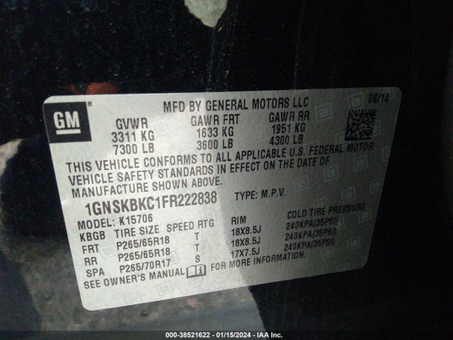 Chevrolet Tahoe Lt 2015 1GNSKBKC1FR222838 Image 9