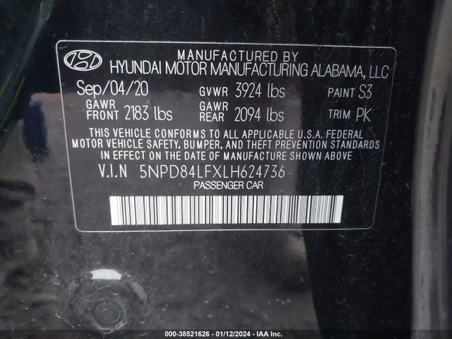2020 HYUNDAI ELANTRA SEL VIN: 5NPD84LFXLH624736