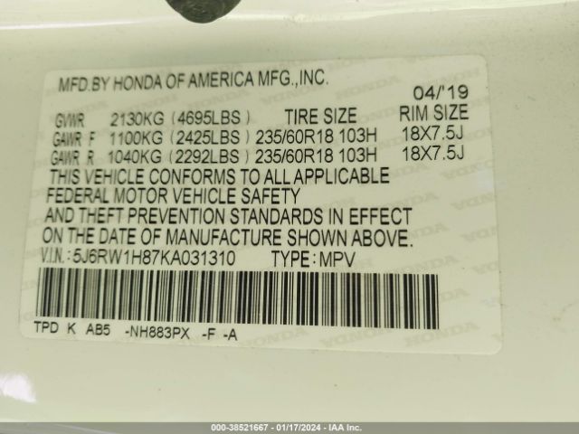 5J6RW1H87KA031310 Honda Cr-v Ex-l