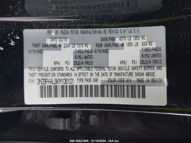 3MZBPAAL8KM106101 Mazda Mazda3 Select Package