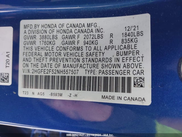 Honda Civic Sport 2022 2HGFE2F52NH557507 Image 9