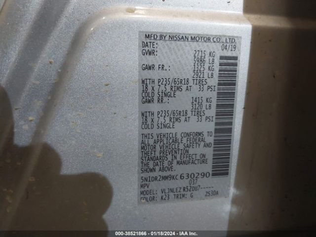 5N1DR2MM9KC630290 Nissan Pathfinder Sv