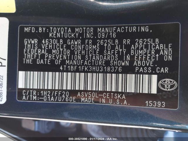 4T1BF1FK3HU318376 Toyota CAMRY SE