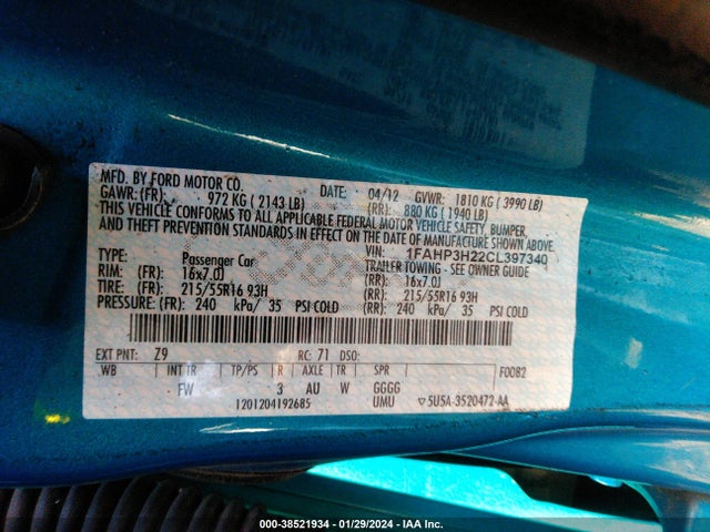 2012 FORD FOCUS SEL VIN: 1FAHP3H22CL397340