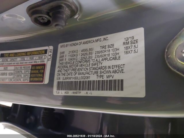 5J6RW1H50LL002081 Honda Cr-v 2wd Ex