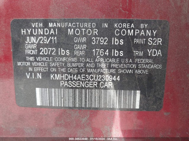 2012 HYUNDAI ELANTRA GLS (ULSAN PLANT) VIN: KMHDH4AE3CU230944