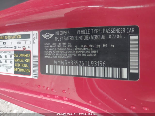 2006 MINI COOPER S WMWRH33526TL93156 Photo 8