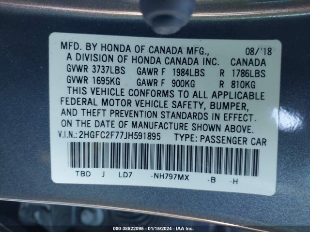 Honda CIVIC EX 2018 2HGFC2F77JH591895 Image 9