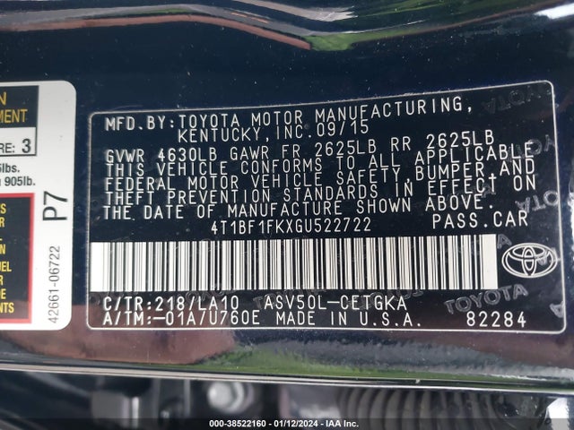 Toyota CAMRY XLE 2016 4T1BF1FKXGU522722 Image 9