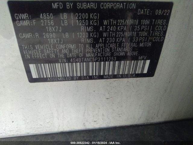 2023 SUBARU OUTBACK 4S4BTANC5P3111253 Photo 8