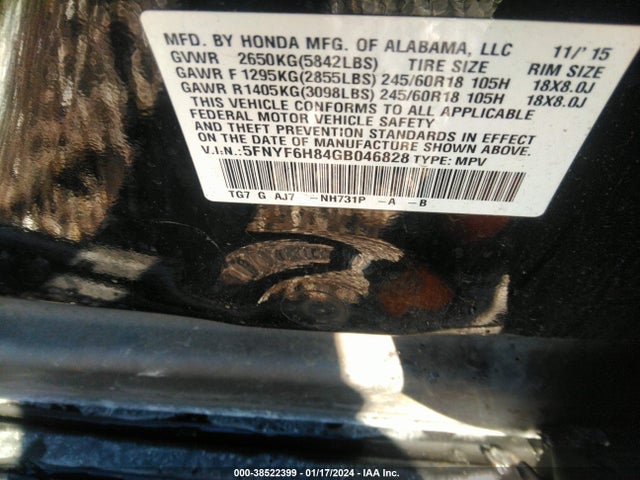 Honda Pilot Ex-l 2016 5FNYF6H84GB046828 Image 9