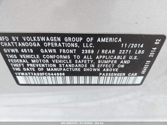 Volkswagen Passat 1.8t Wolfsburg Edition 2015 1VWAT7A33FC044866 Image 9