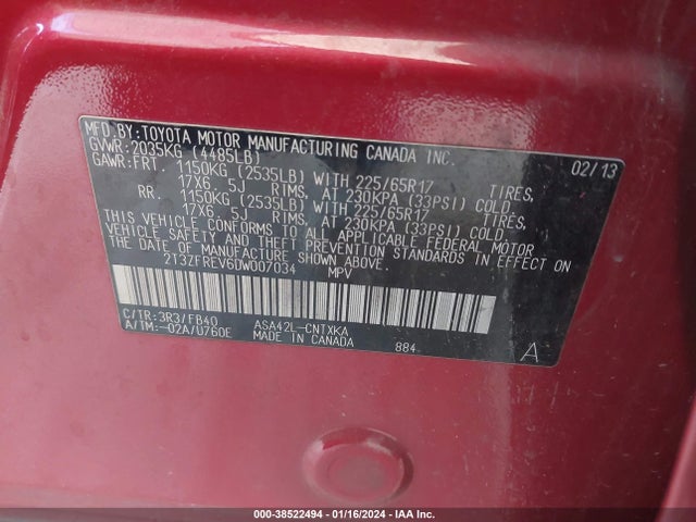 2013 TOYOTA RAV4 LE VIN: 2T3ZFREV6DW007034