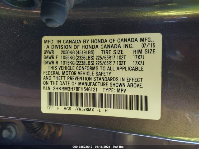 Honda Cr-v Ex-l 2015 2HKRM3H78FH546121 Image 9