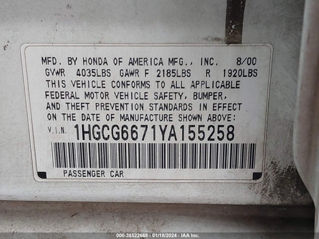 2000 HONDA ACCORD 2.3 EX VIN: 1HGCG6671YA155258