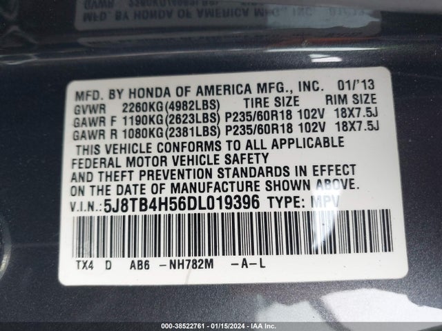 2013 ACURA RDX VIN: 5J8TB4H56DL019396