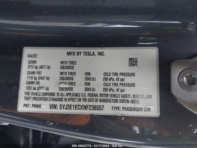 5YJ3E1ECXNF236557 Tesla Model 3 Performance Dual Motor All-wheel Drive