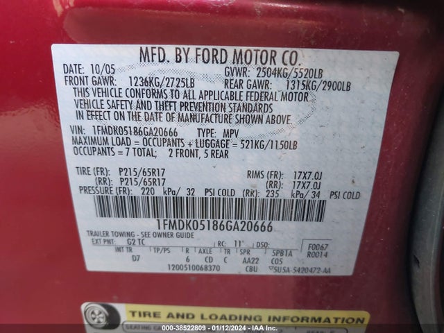 2006 FORD FREESTYLE SEL VIN: 1FMDK05186GA20666