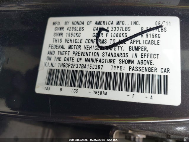 2011 HONDA ACCORD 2.4 LX VIN: 1HGCP2F37BA150367