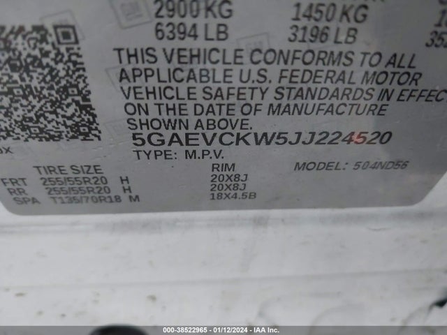 2018 BUICK ENCLAVE AVENIR VIN: 5GAEVCKW5JJ224520