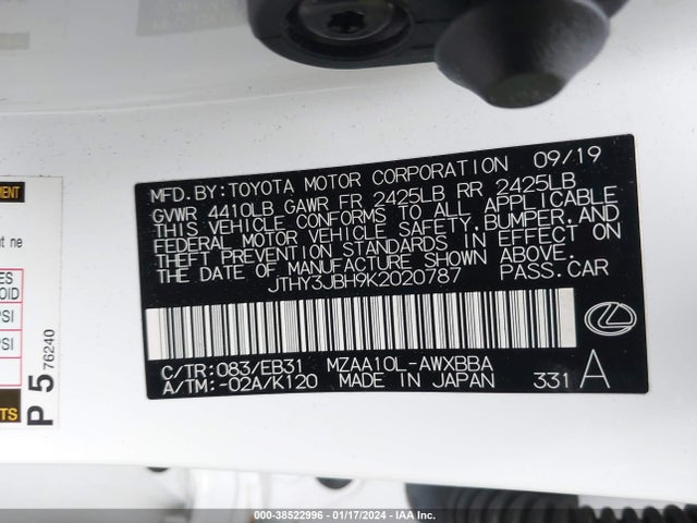 JTHY3JBH9K2020787 Lexus Ux 200 F Sport