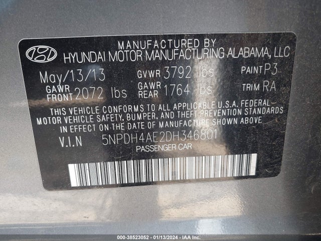 2013 HYUNDAI ELANTRA GLS VIN: 5NPDH4AE2DH346801