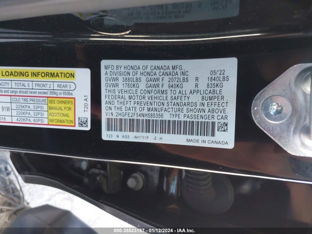 2022 HONDA CIVIC SPORT VIN: 2HGFE2F54NH585356