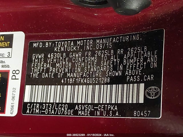 Toyota CAMRY XSE 2016 4T1BF1FK4GU521288 Image 9