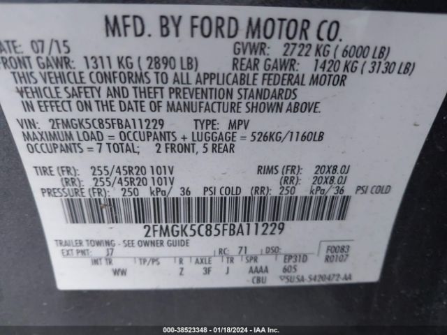 2FMGK5C85FBA11229 Ford FLEX SEL