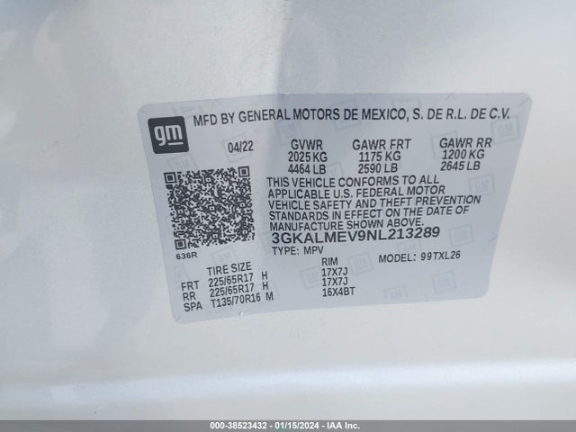 3GKALMEV9NL213289 GMC Terrain Fwd Sle