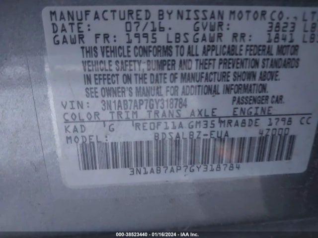 2016 NISSAN SENTRA S VIN: 3N1AB7AP7GY318784